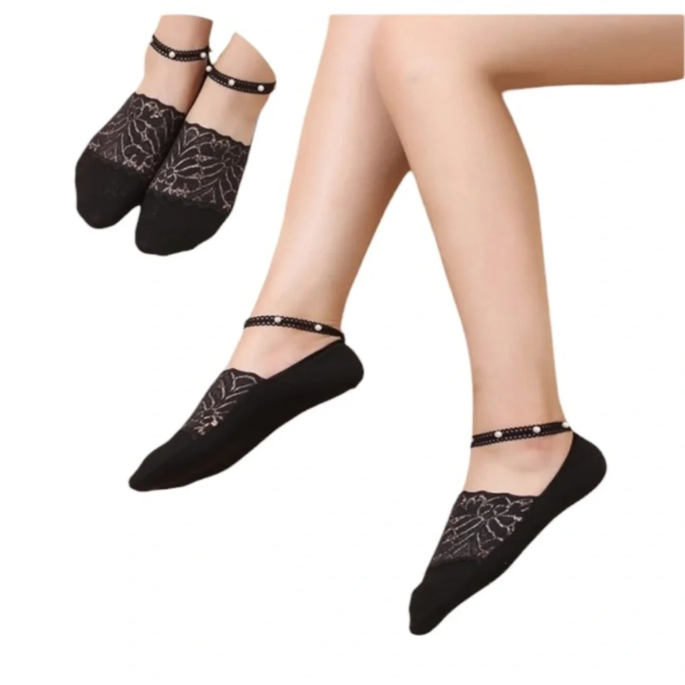 Pearl Lace Black No Show Socks Cotton Four Pair Ankle Strap White Pearl Accents